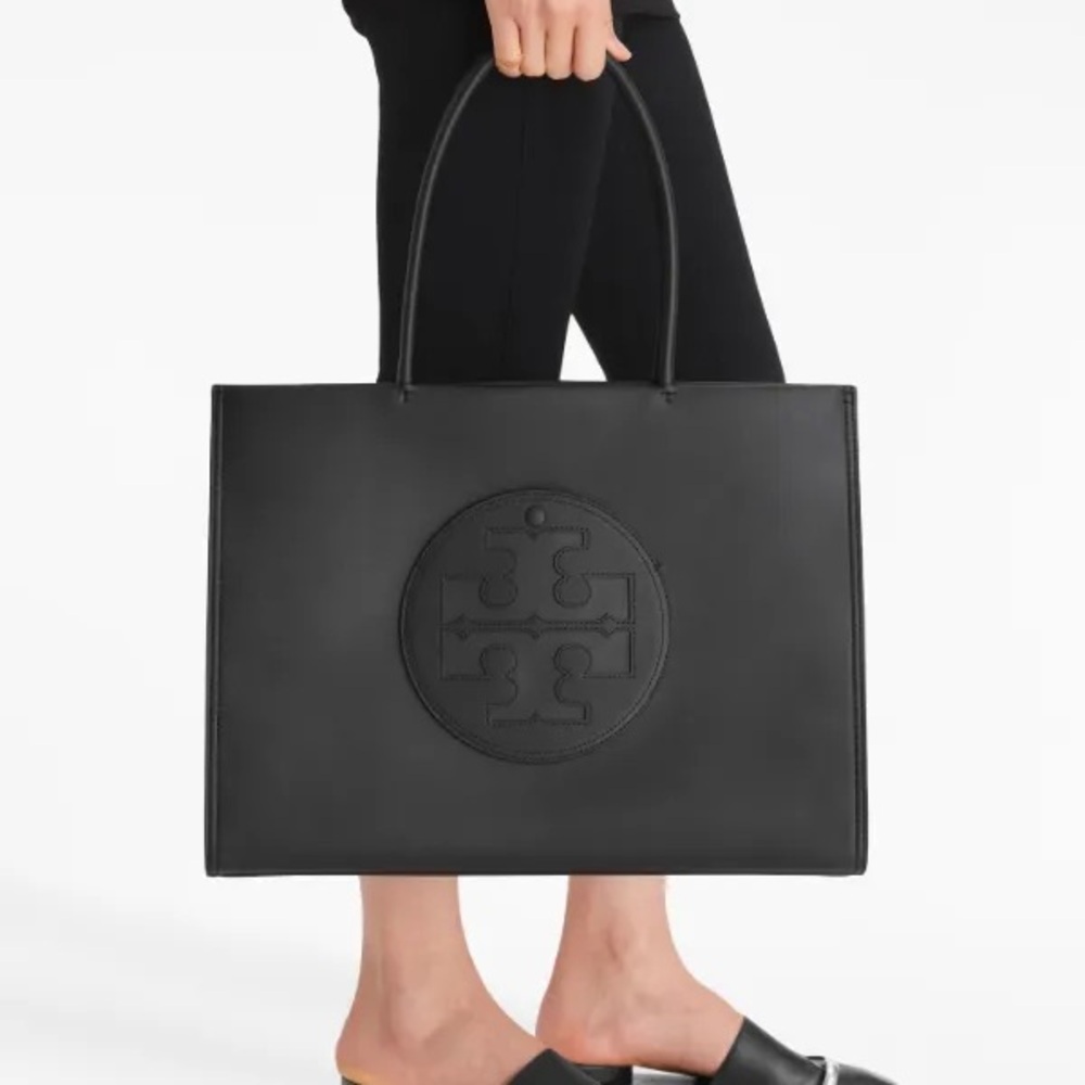Tory Burch Black Structured Tote Bag with Embossed Logo